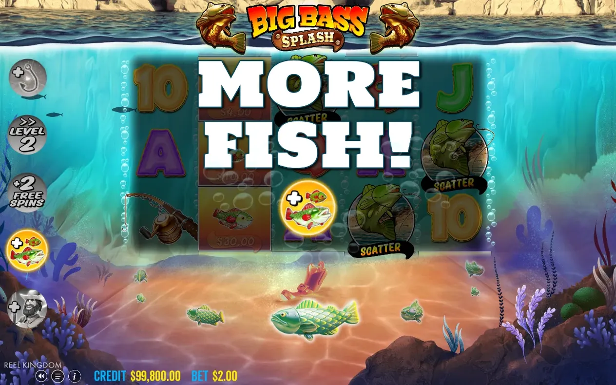 MORE FISH! banner appears over reels during Free Spins, naming the round's active modifier