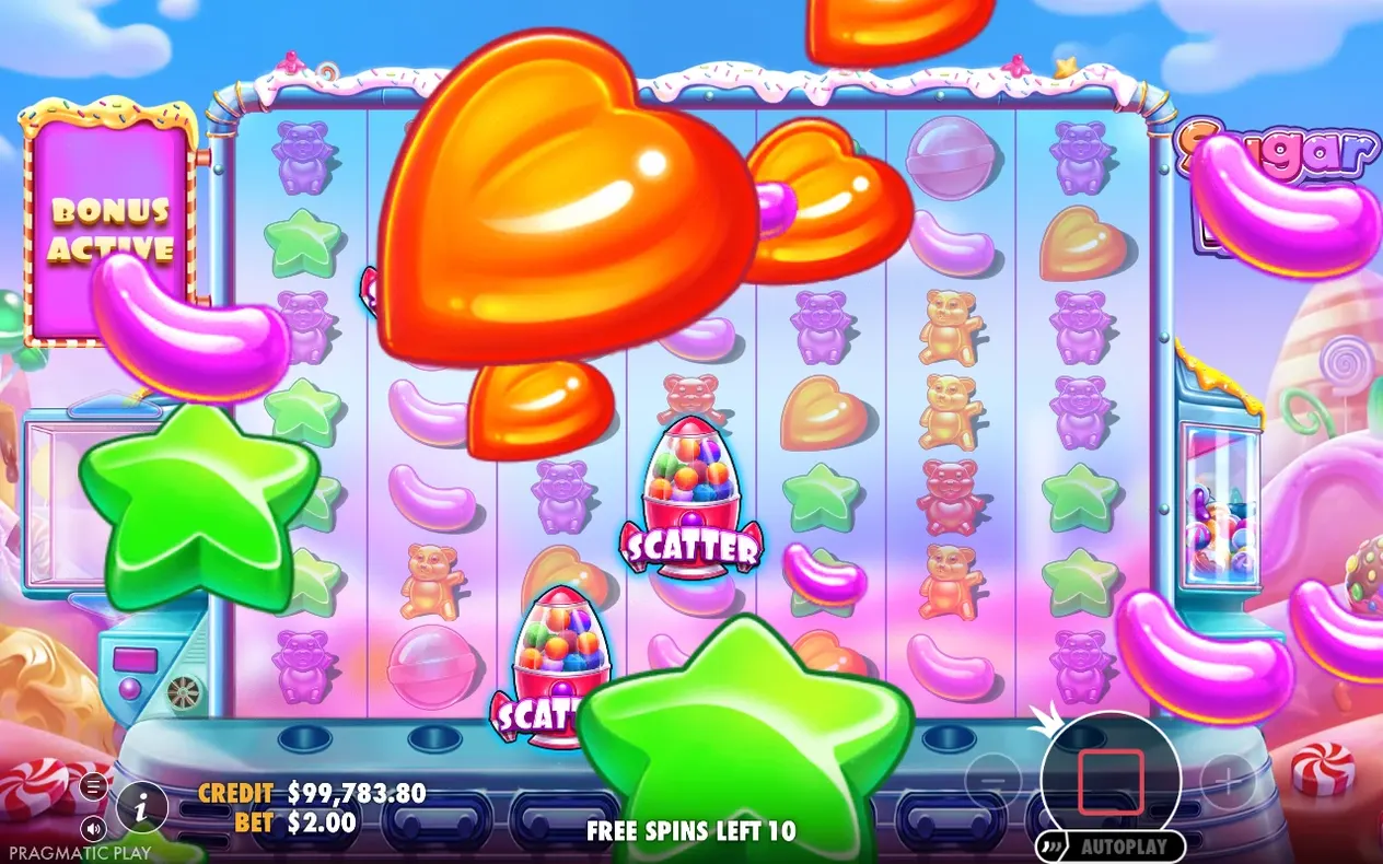 BONUS ACTIVE banner shows with falling candy pieces, a SCATTER symbol and Free Spins Left 10.