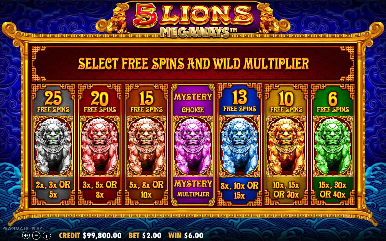 Select Free Spins screen offers seven lion statue options with Bet $2.00 and Win $6.00 shown.