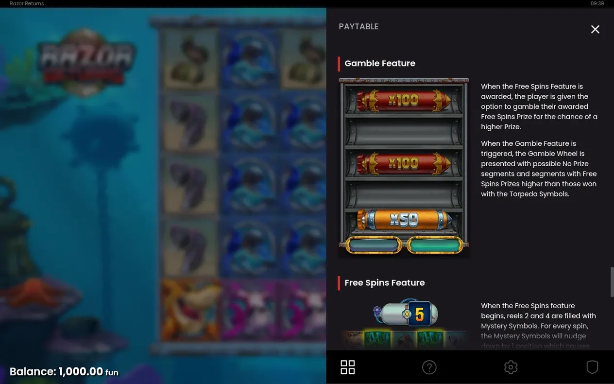 Paytable shows Gamble wheel drums x100, x100, x50 and Free Spins Feature with x5 multiplier icon