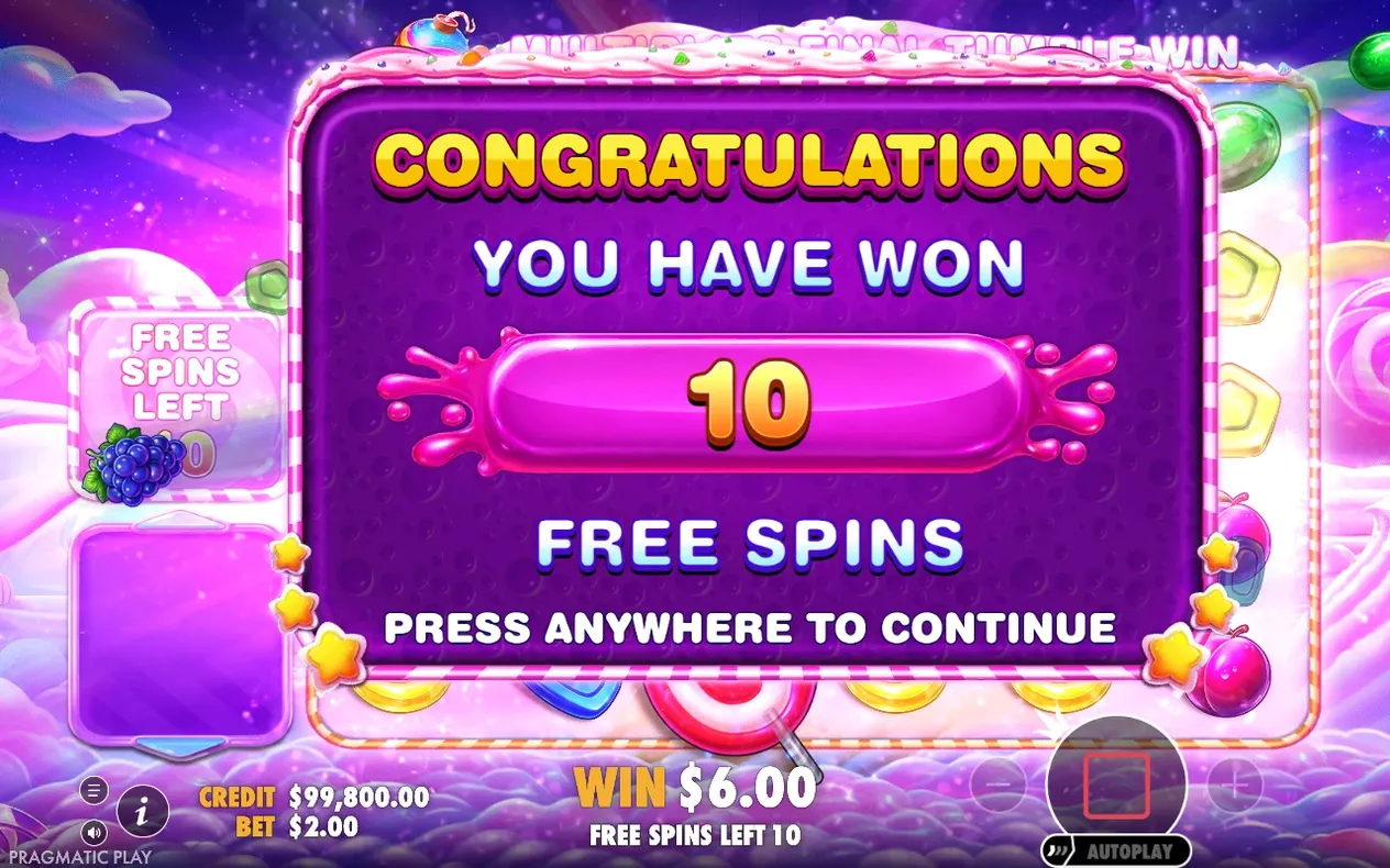 Purple plaque confirms 10 Free Spins won, with Win $6.00 and Credit $99,800.00 shown below.