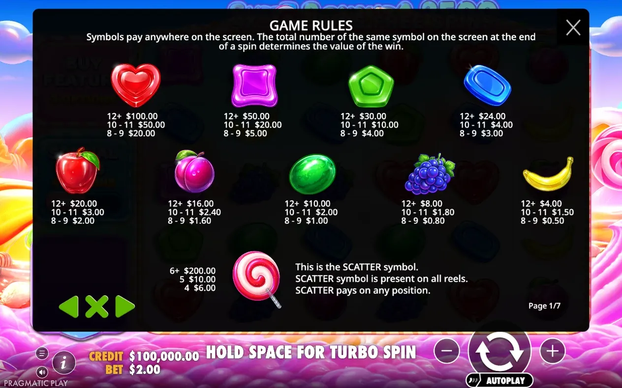 Game rules page 1/7 lists payouts for heart, jelly shapes, fruit symbols and the scatter lollipop.