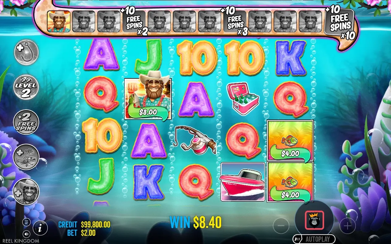 Free spins reels with fisherman WILD collecting $8.00 and $4.00 fish values, WIN $8.40 shown below