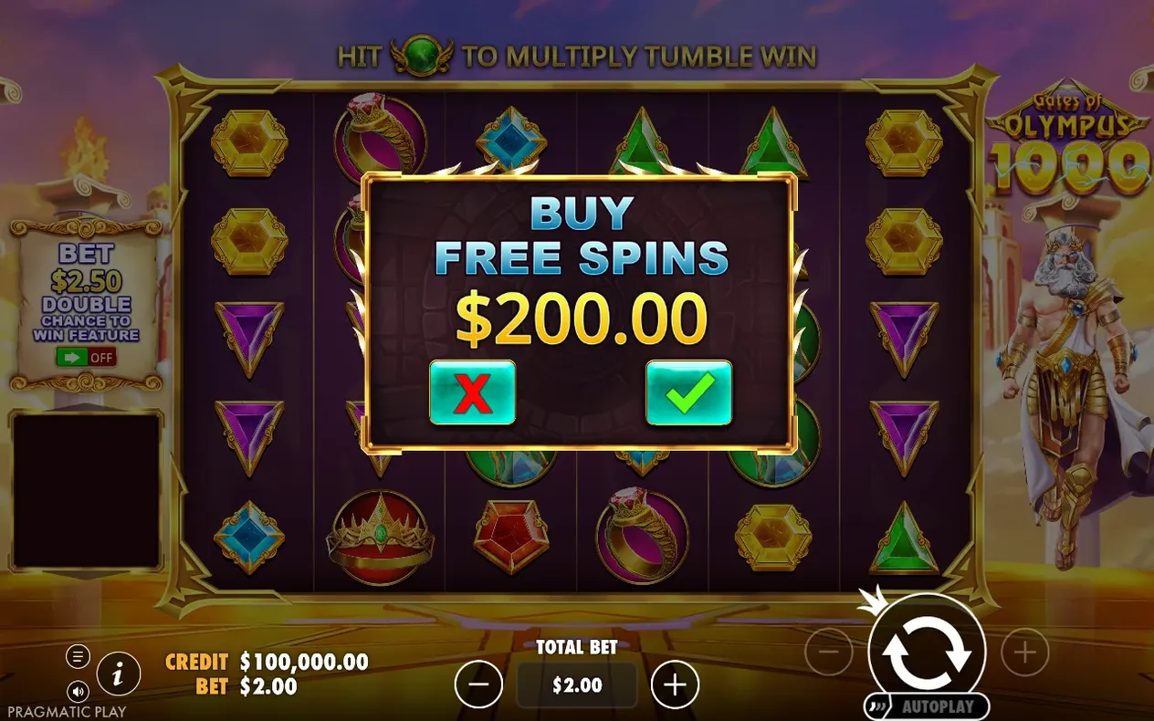 Buy Free Spins popup shows a $200.00 price with red X and green checkmark buttons over the gem reels