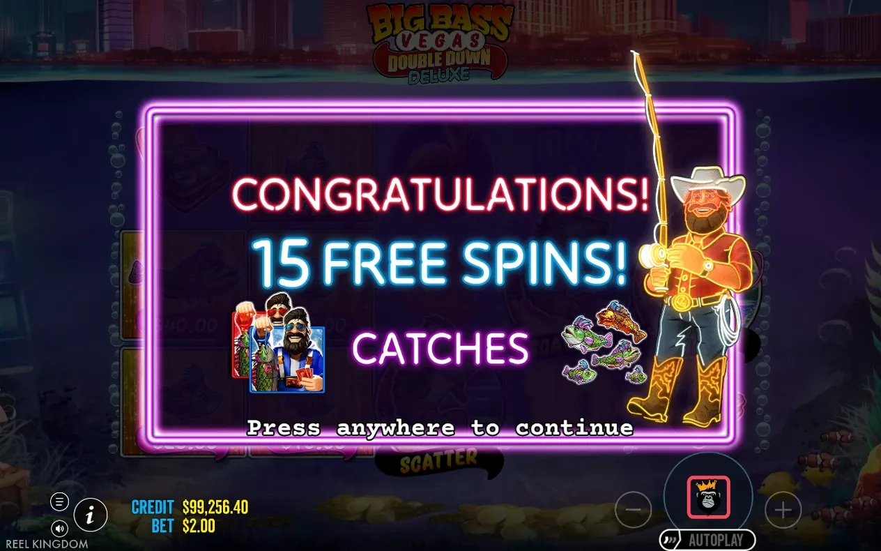 Congratulations overlay announces 15 Free Spins with the cowboy fisherman holding his rod