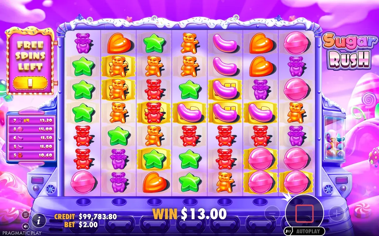 Free spins grid shows golden multiplier tags on several cells with WIN $13.00 and Free Spins Left 1.