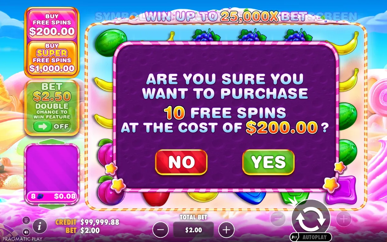 Purple popup confirms buying 10 free spins for $200.00, with red NO and green YES buttons