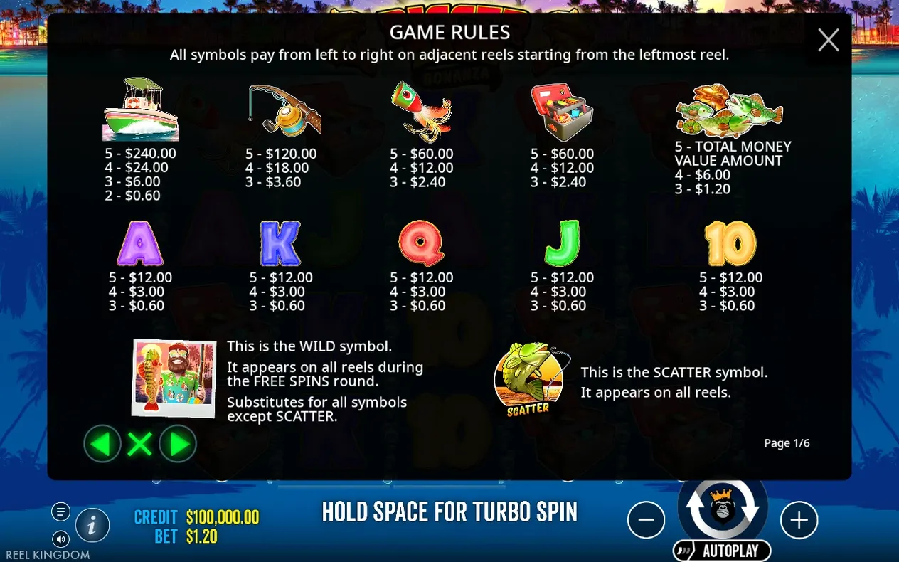 Game Rules paytable page lists boat, rod, lure, tackle box, money fish, letters, wild and scatter payouts.