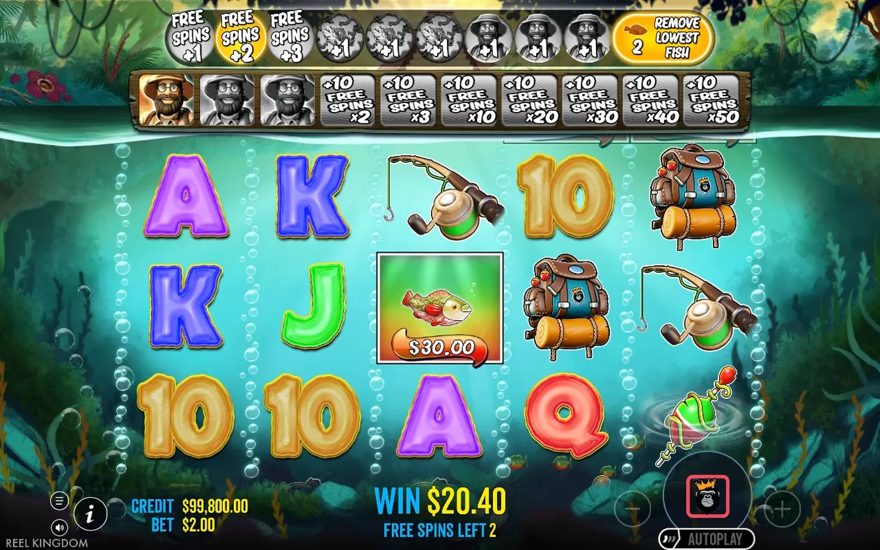 Free spins round shows a $30.00 fish MONEY symbol and a $20.40 win with 2 spins left.