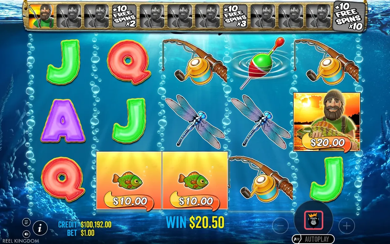 Free Spins reels show Fisherman WILD collecting $20.00 plus two $10.00 money fish tiles for a $20.50 win