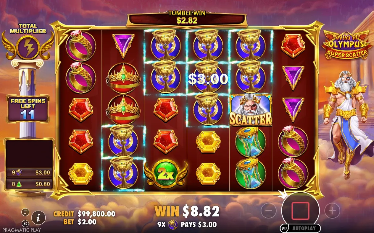 Free spins reels show a Scatter symbol and a 2x orb, with total win $8.82 and 11 free spins left