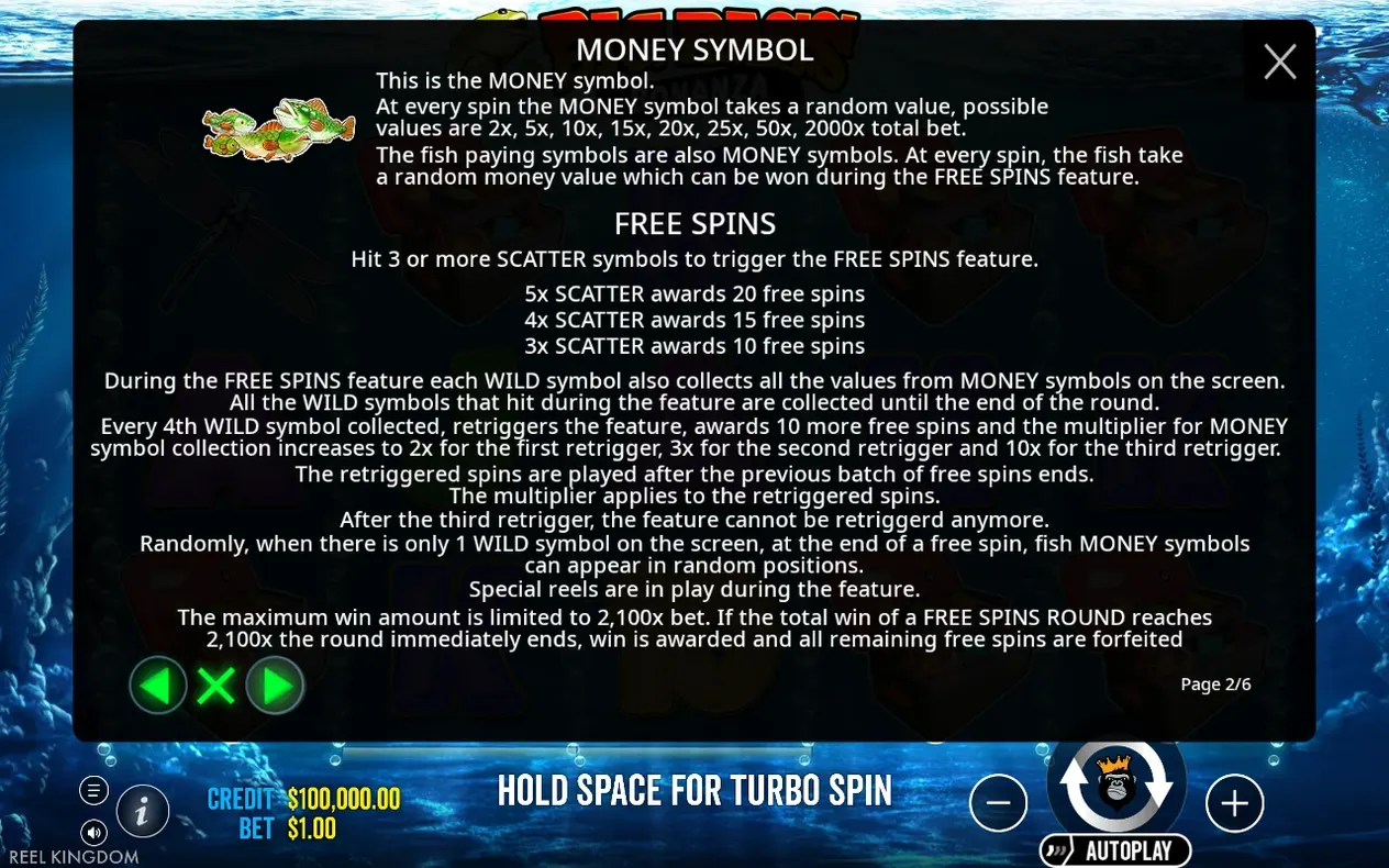 Money Symbol and Free Spins rules page explaining fish money values and scatter trigger counts, page 2/6