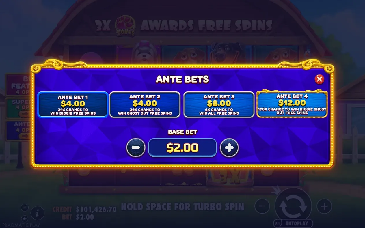 Ante Bets menu shows four wager options from $4.00 to $12.00 over a $2.00 base bet.