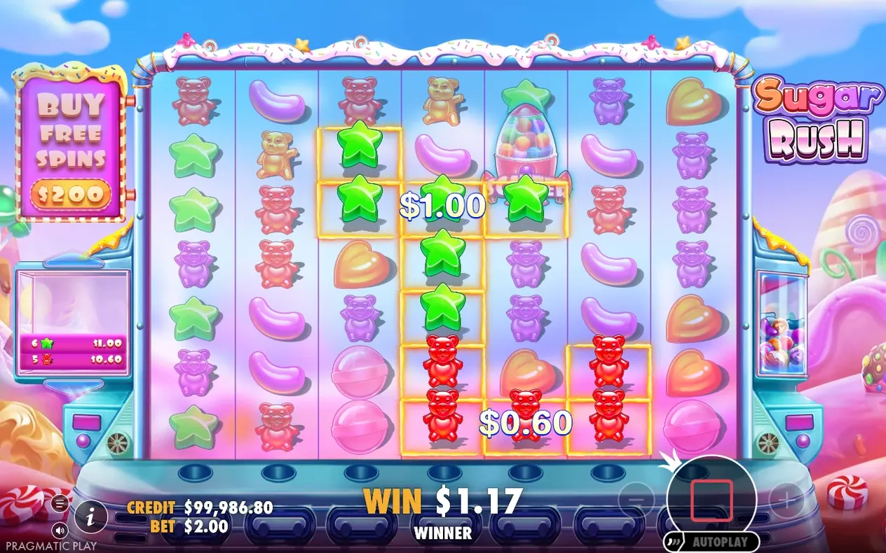 WINNER banner shows WIN $1.17 with highlighted green star and red bear clusters paying $1.00 and $0.60.