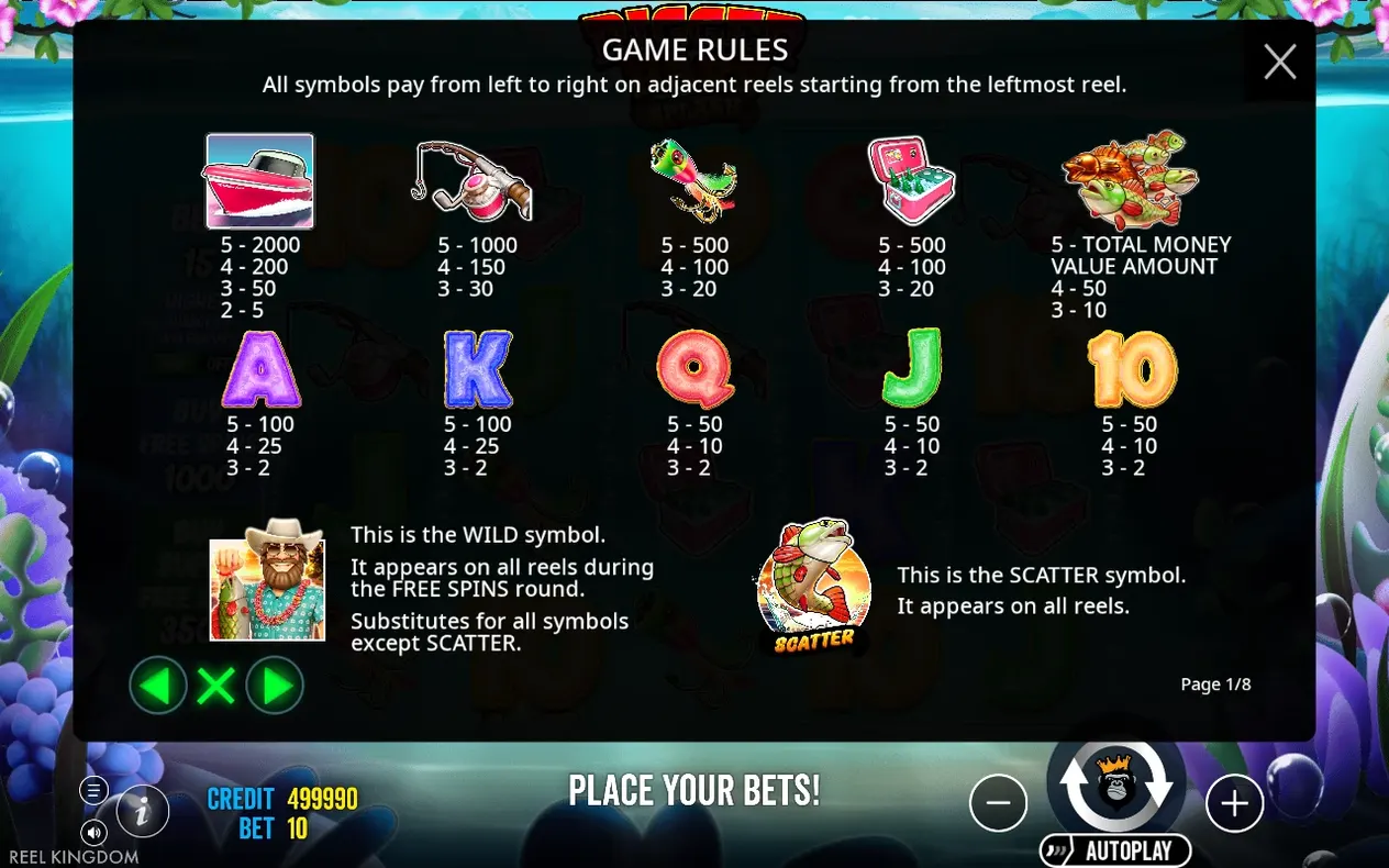 Paytable page 1 of 8 lists symbol payouts plus WILD fisherman and SCATTER bass fish descriptions