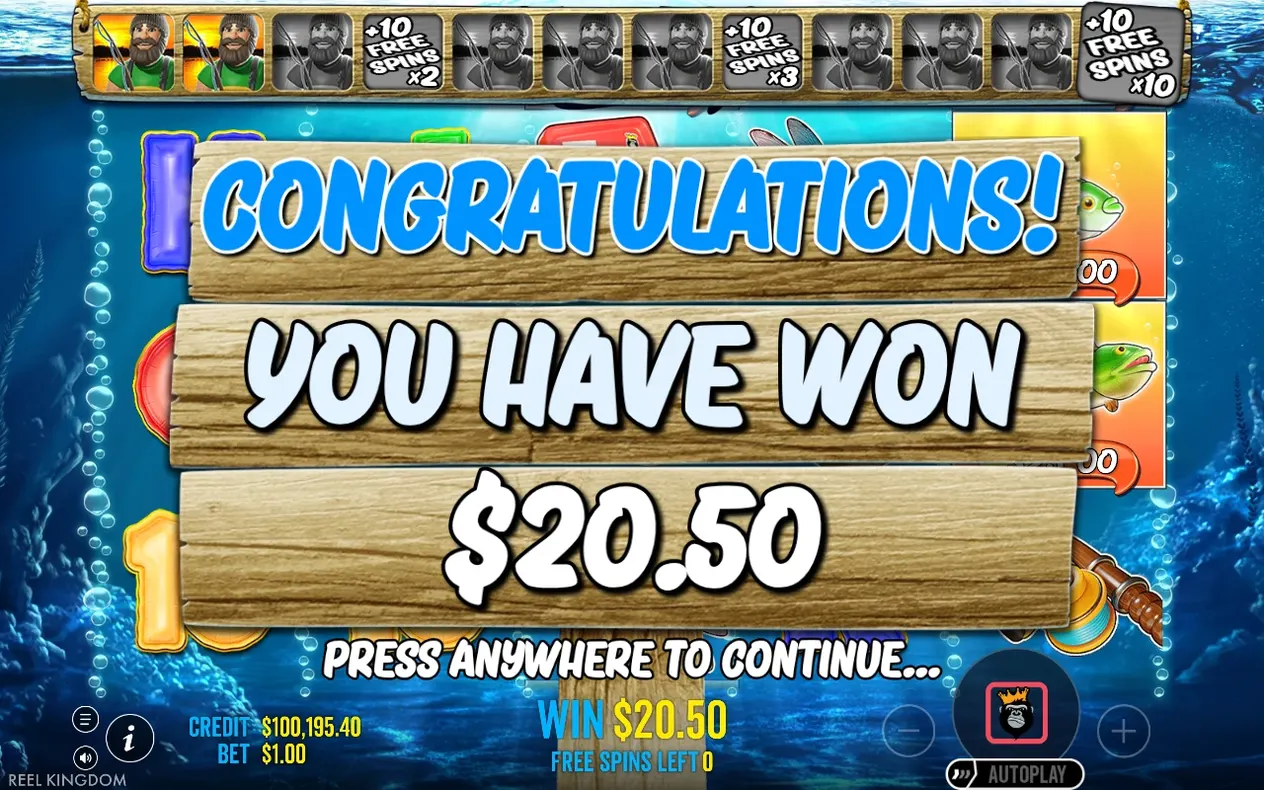 Congratulations banner shows YOU HAVE WON $20.50 with tracker bar at top and 0 free spins left