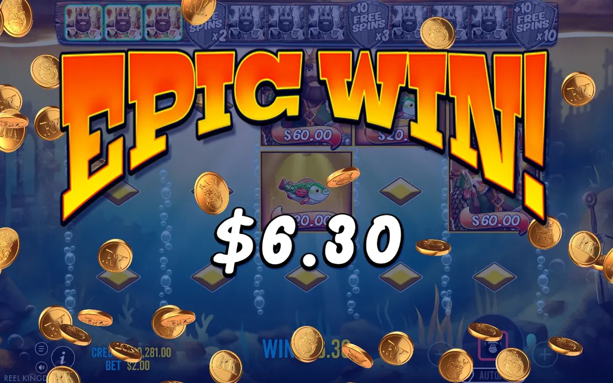 Epic Win banner with falling gold coins during a Golden Lake free spin, win climbing to $6.30