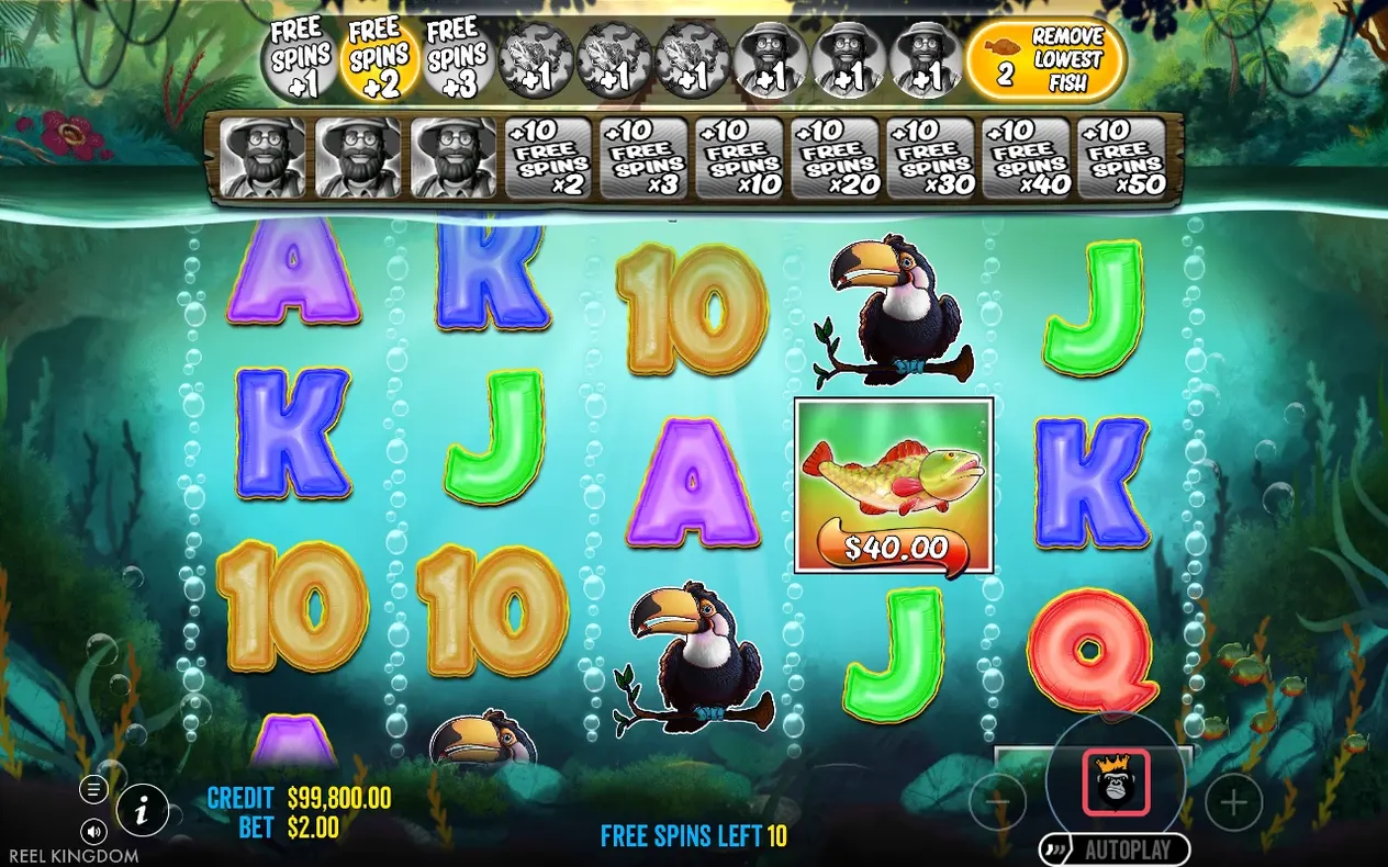 Free spins reels show toucans, a $40.00 fish symbol and a retrigger tracker with 10 spins left.