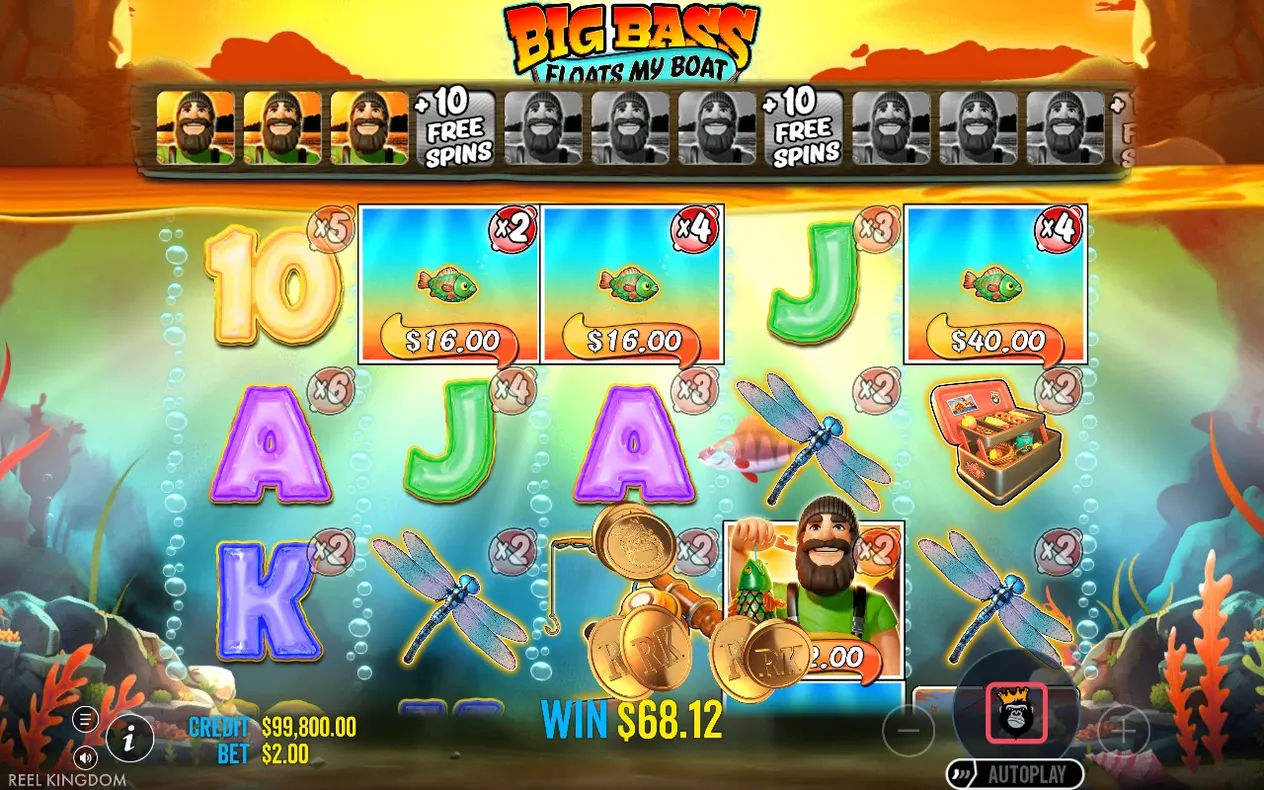 Free spins grid shows position multipliers up to x6, fisherman wild collecting coins, WIN $68.12 displayed.