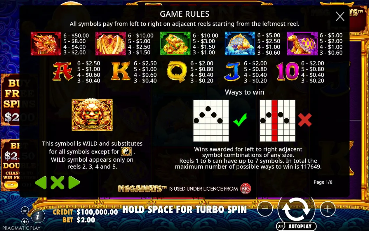 Game rules page 1 of 8 lists symbol payout values, wild lion rules, and ways-to-win diagrams.