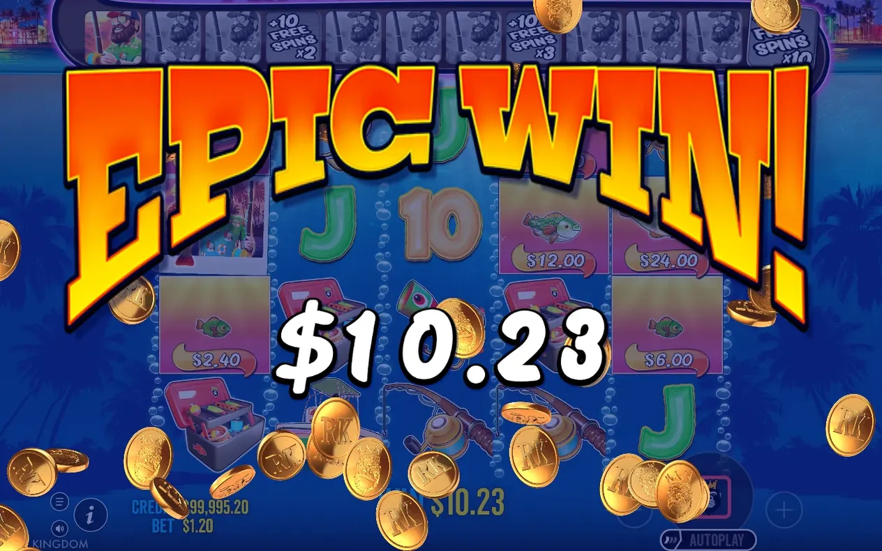 Epic Win overlay reads $10.23 as gold coins fall over fish and letter symbols on the reels.