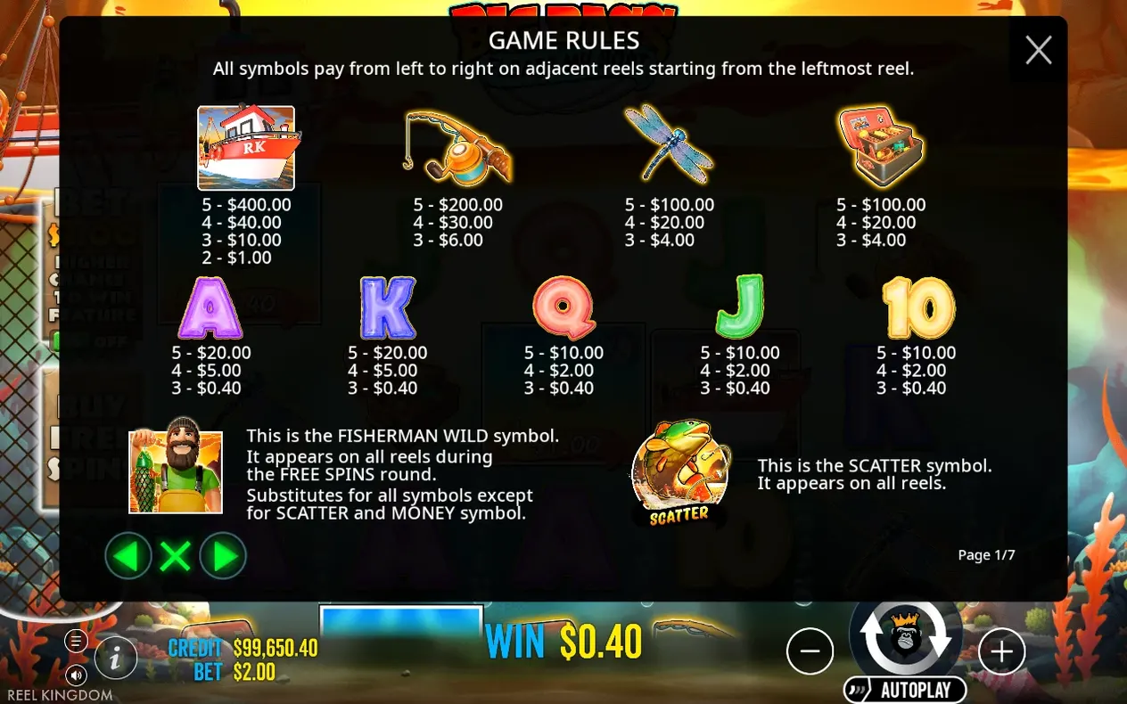 Paytable page 1 of 7 lists RK Boat, rod, dragonfly, tackle box, royals, fisherman wild and scatter payouts.