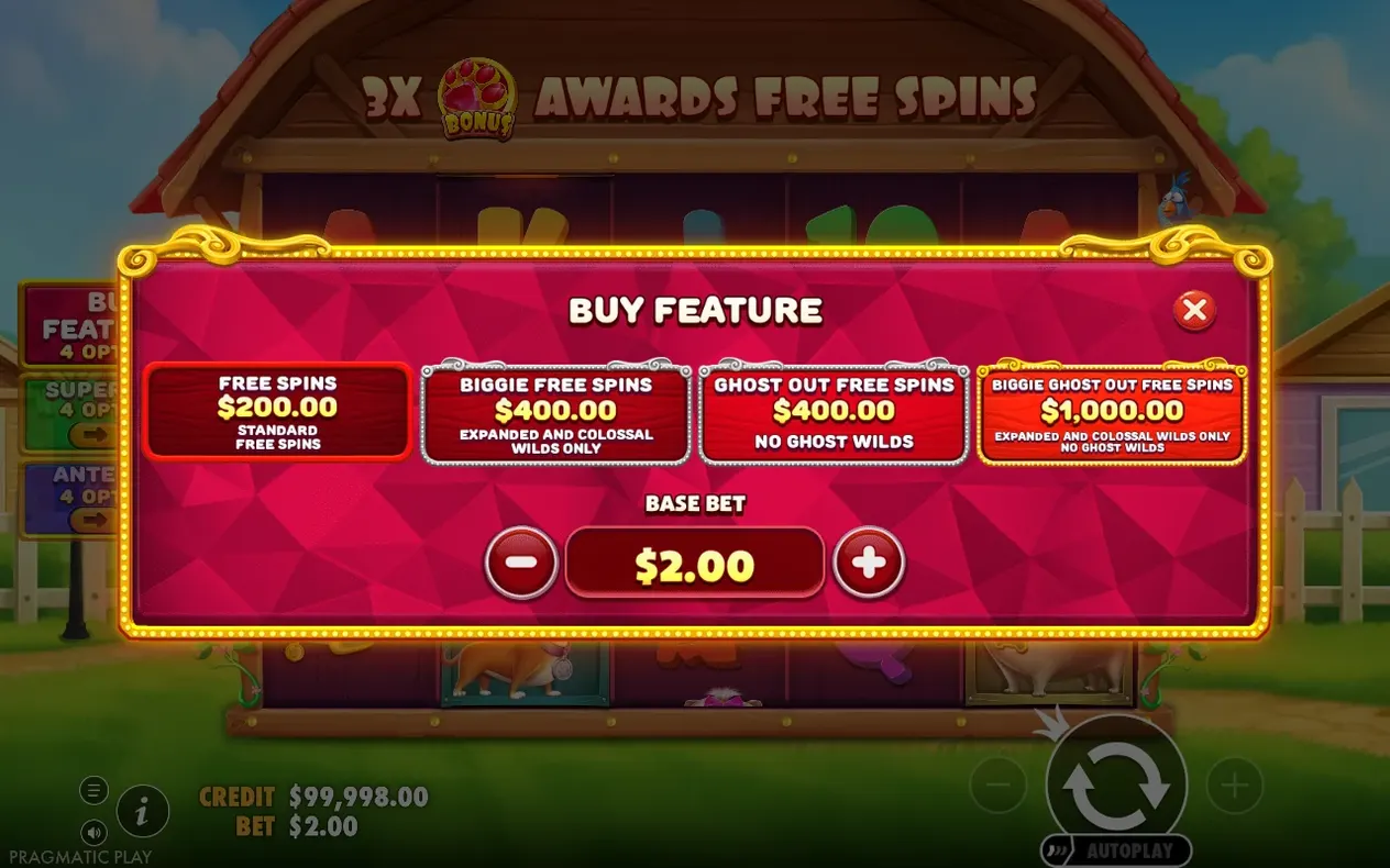 Buy Feature menu lists four free spins options from $200.00 to $1,000.00, base bet $2.00.