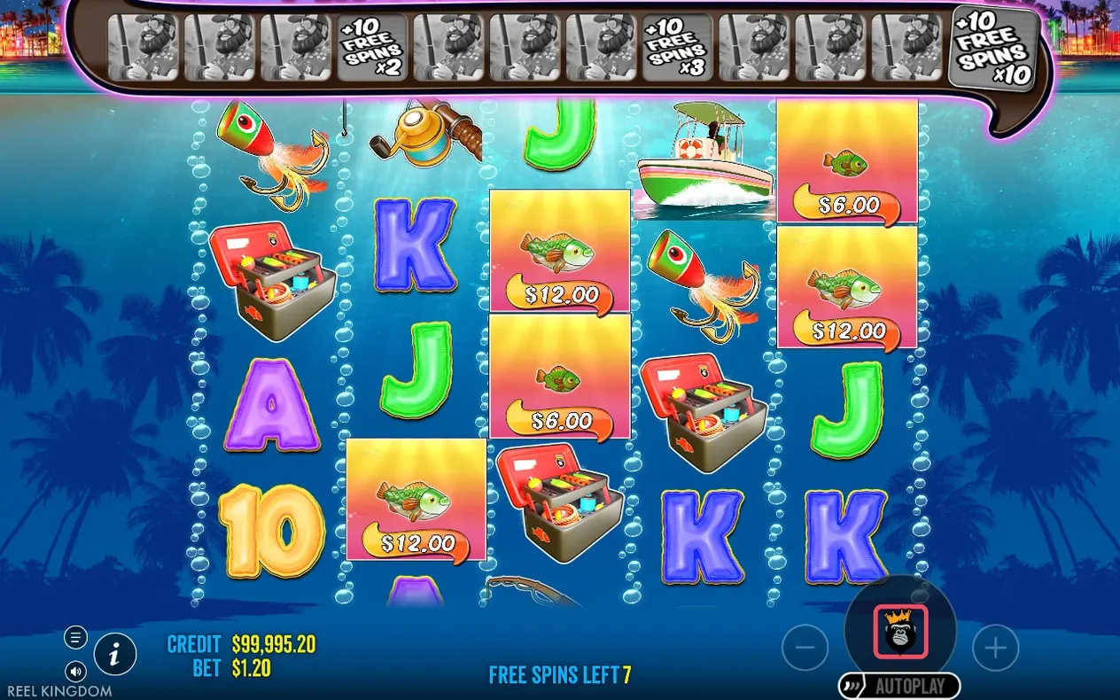 Free spins reels display several money-value tags up to $12.00 with Free Spins Left 7 shown below.