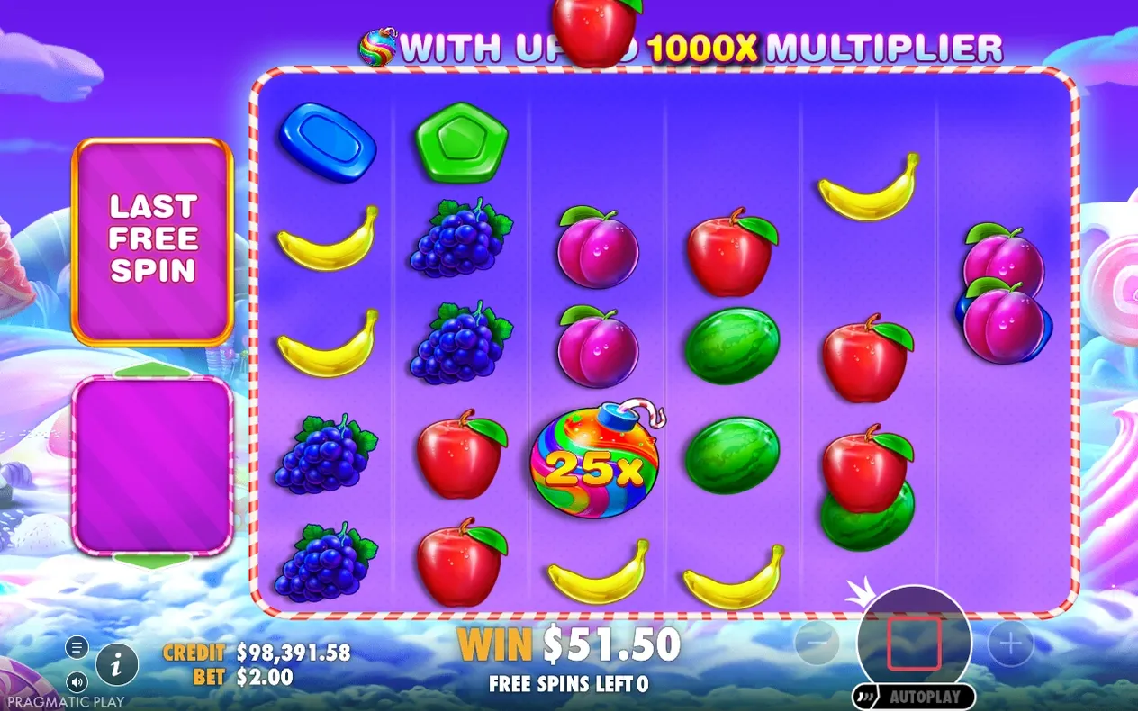 Final free spin shows a 25x bomb multiplier, WIN $51.50, free spins left 0, under 1000x banner