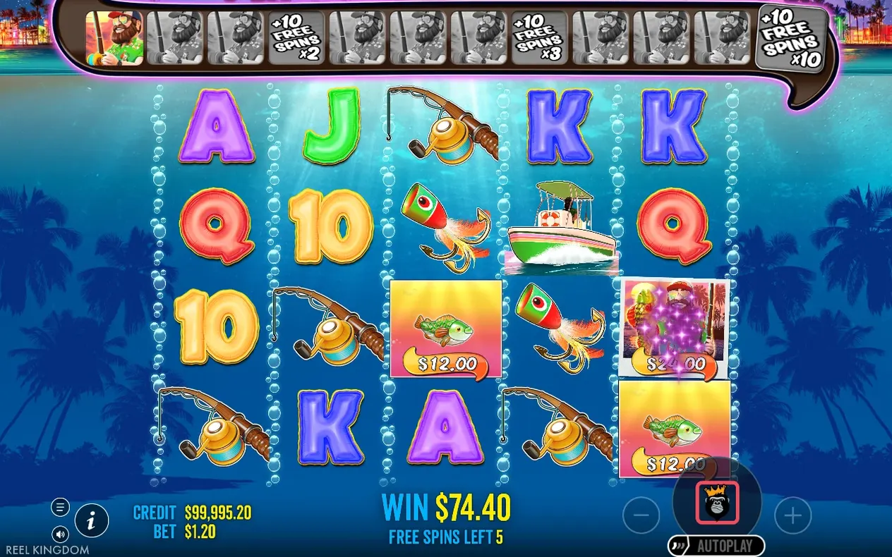 Free spins round shows WIN $74.40, 5 spins left, and a wild-collection tracker with 3 wilds lit.