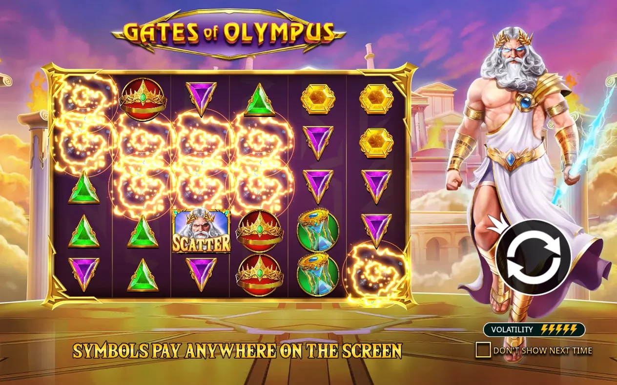 Zeus stands beside blazing reels, gold gems and a Scatter card, with a five-bolt volatility icon