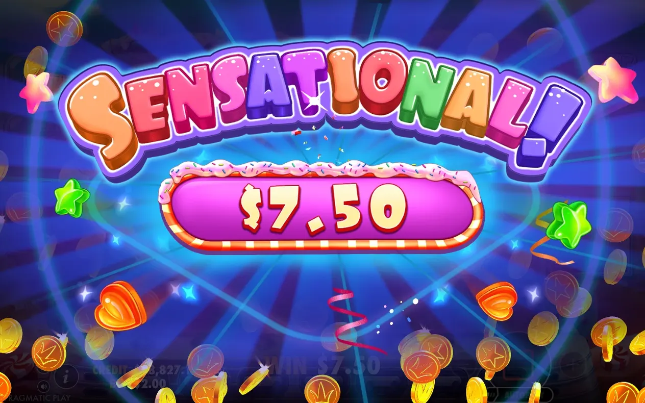 "Sensational!" win screen shows a $7.50 payout amid falling coins and stars.