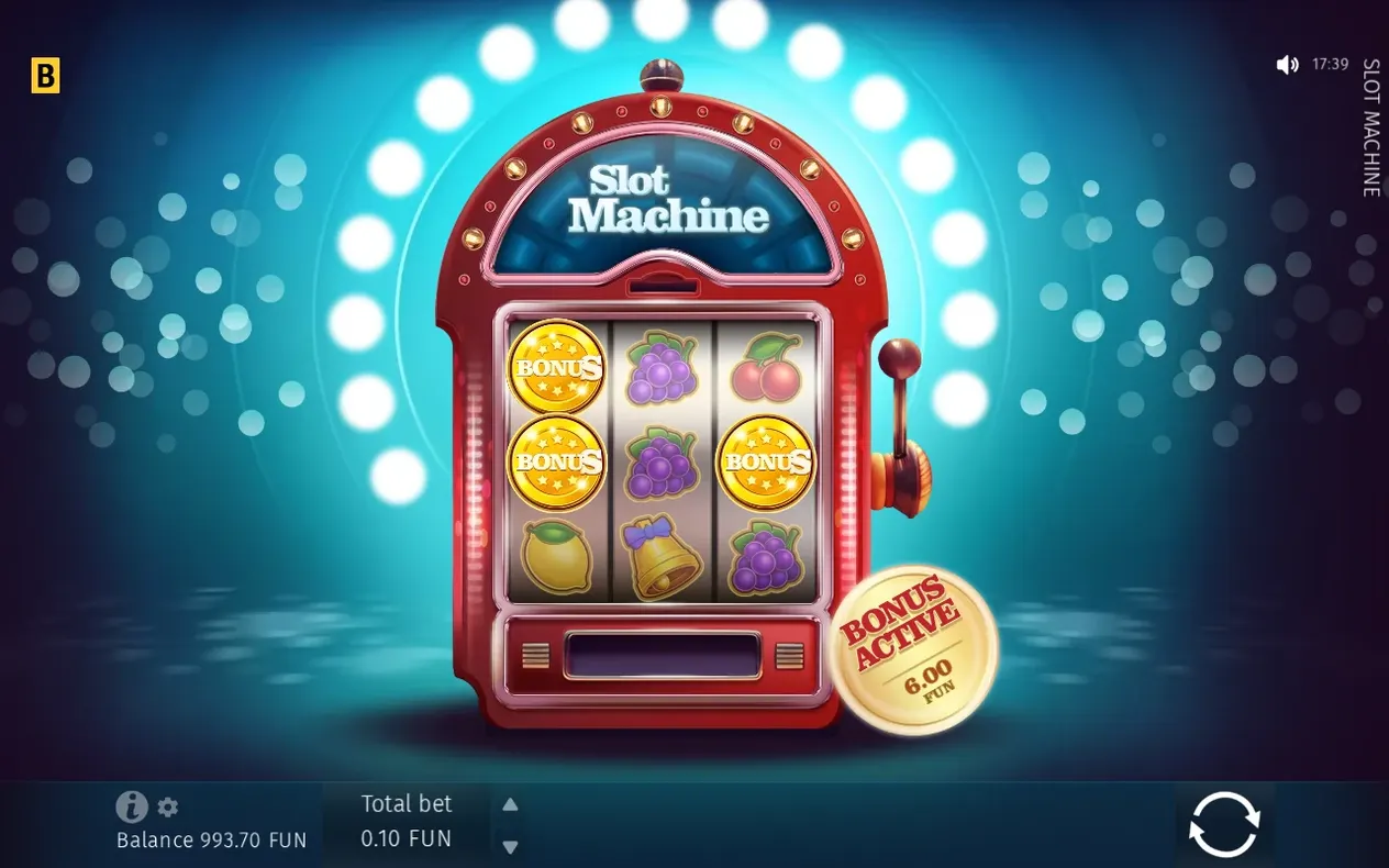 Three BONUS coins land on the red cabinet grid, triggering Bonus Active at 6.00 FUN stake.