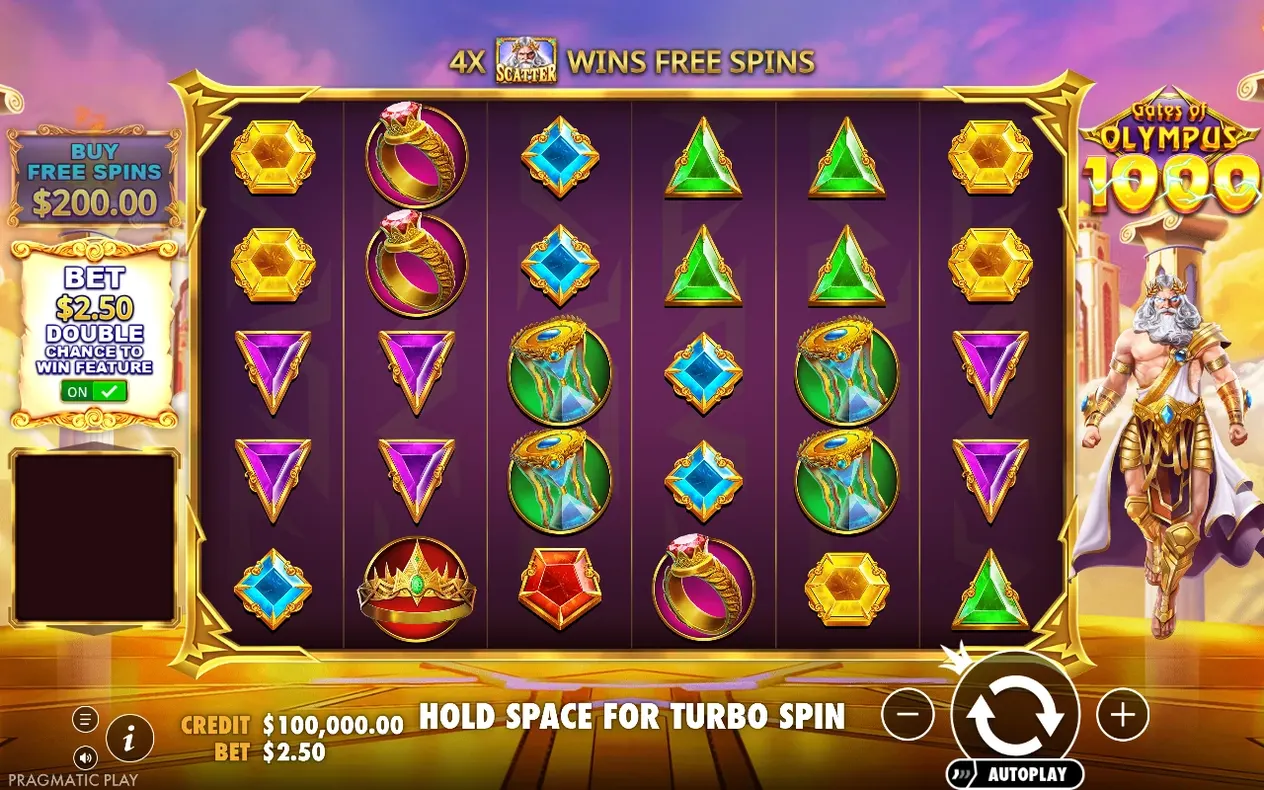 4X Scatter Wins Free Spins banner appears above reels with Double Chance ON and bet $2.50