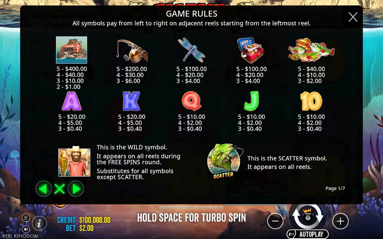 Game Rules paytable listing truck, reel, dragonfly, tackle box, fish, card symbols, Wild and Scatter payouts