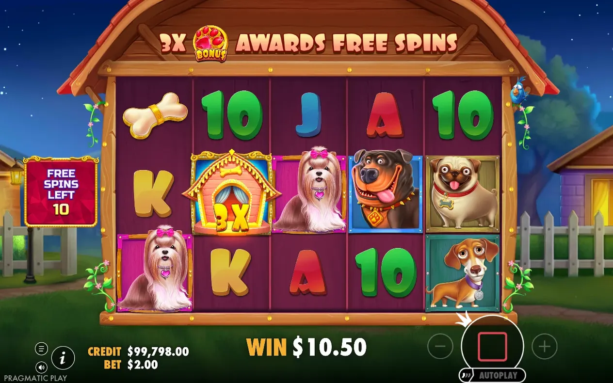 Base game reels show a 3X wild doghouse symbol among dog portraits, win $10.50, free spins banner above.
