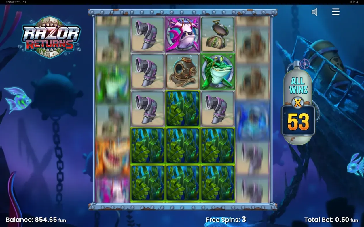 Free spins reels show green Mystery Symbol stacks nudging down, All Wins x53, Free Spins: 3, Balance 854.65 fun