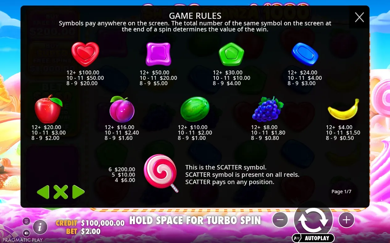 Game rules page 1 lists candy and fruit symbol payouts plus scatter lollipop values, page 1/7