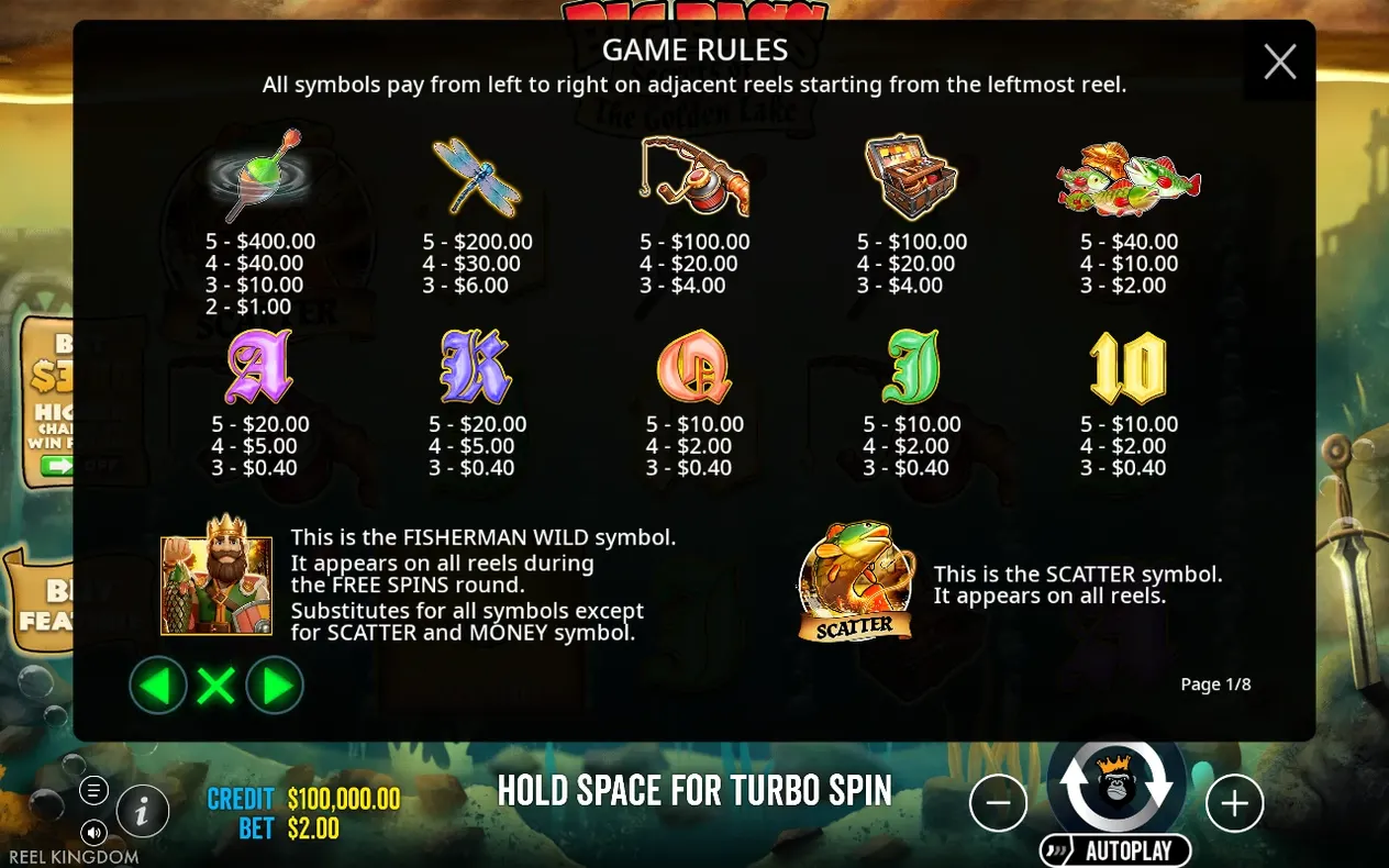 Game rules paytable listing symbol payouts, Fisherman Wild and Scatter rules on page 1 of 8