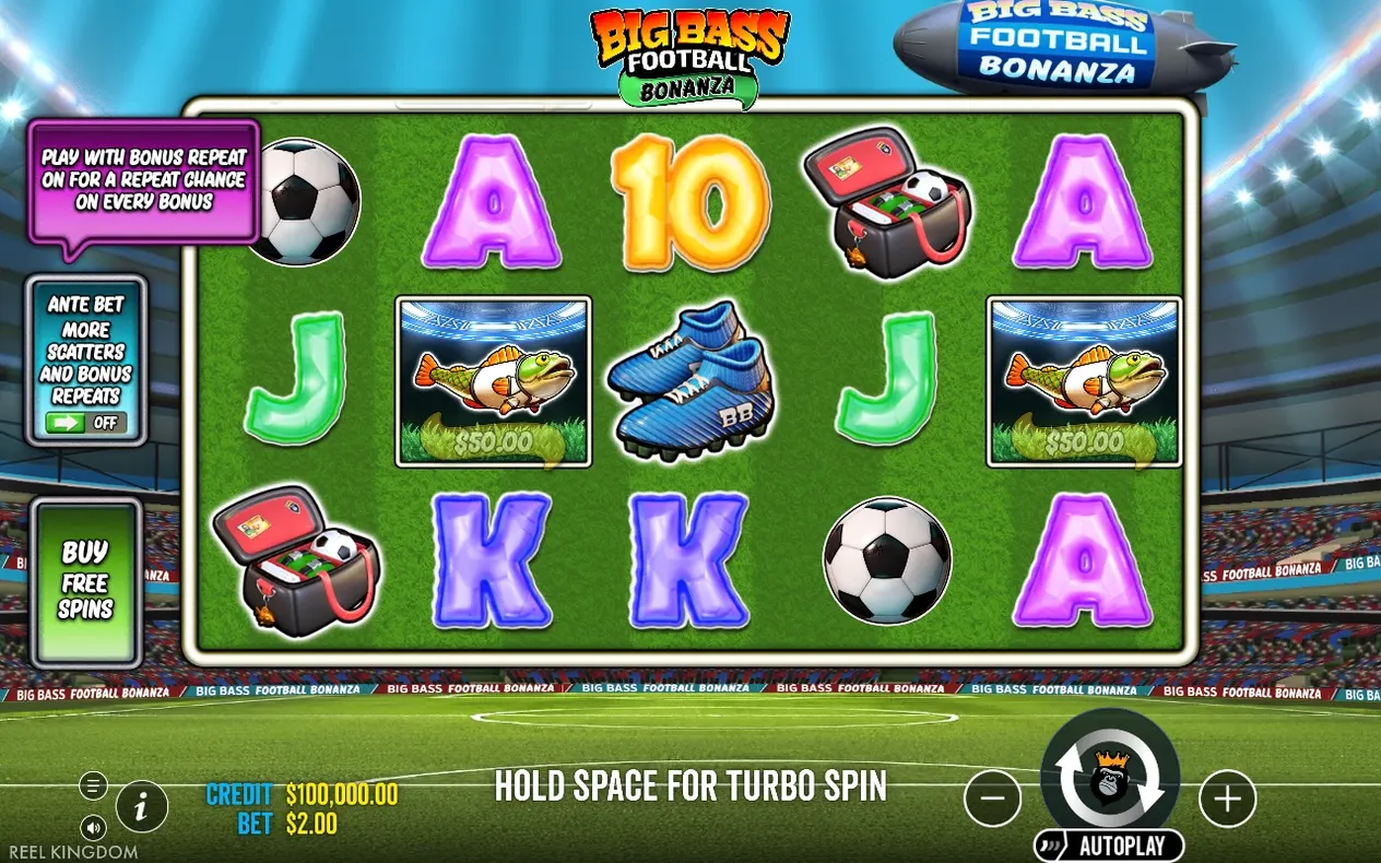 Soccer-pitch slot reels show playing cards, football boots, fish and bag symbols; Ante Bet toggle set to Off.