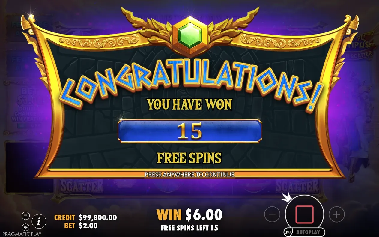 Congratulations banner announcing 15 free spins won, with $6.00 win and $2.00 bet shown below