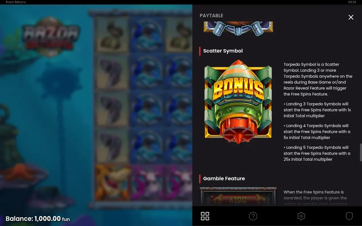 Paytable overlay shows Torpedo Scatter Symbol rules and Gamble Feature intro over blurred reels