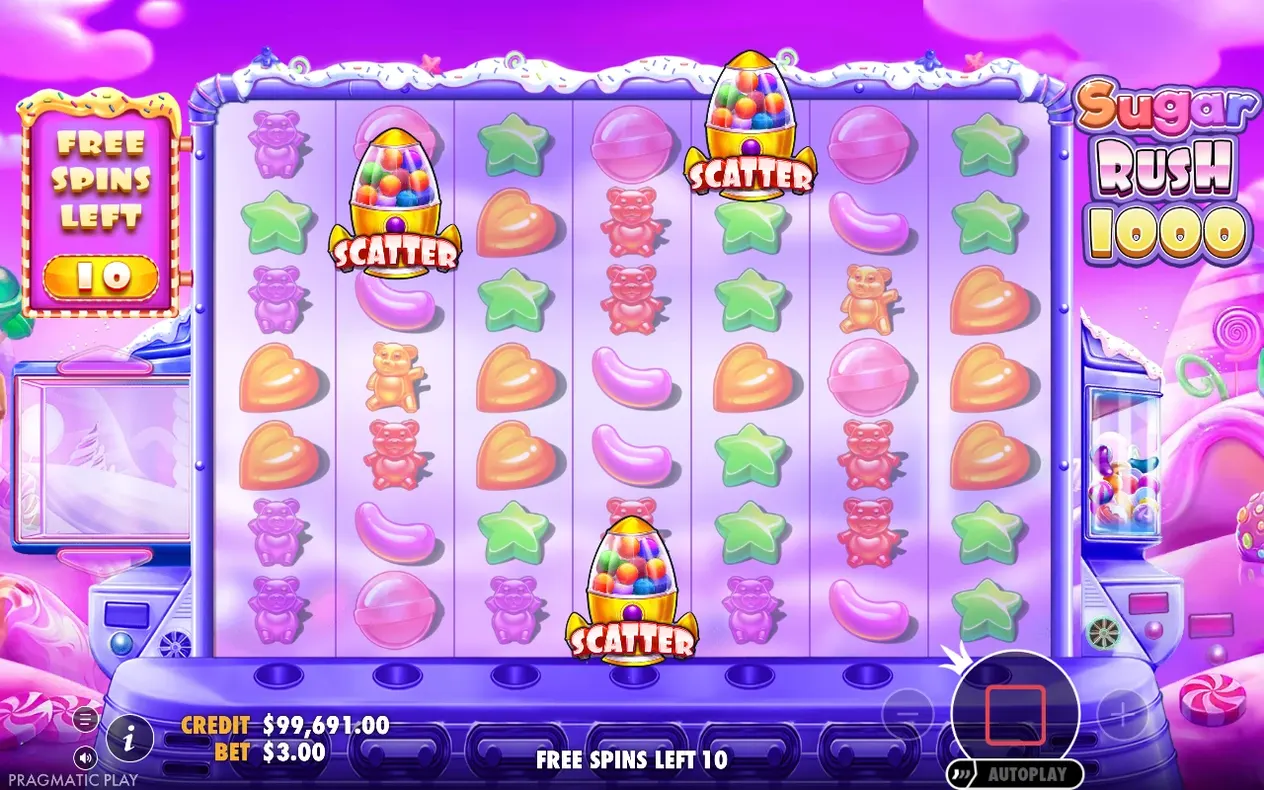 Three SCATTER rocket symbols appear on the purple Free Spins grid, with Free Spins Left at 10.