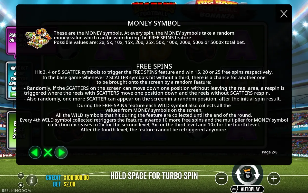 Money Symbol and Free Spins rules page shows fish cluster icon and value list from 2x to 5000x, page 2 of 8.