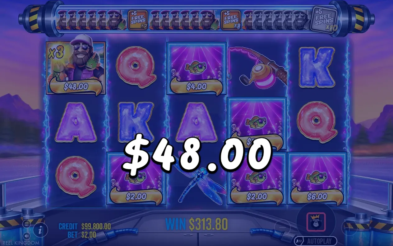Free Spins reel shows a $48.00 win, a Fisherman Wild x3 symbol, and WIN $313.80 total below.