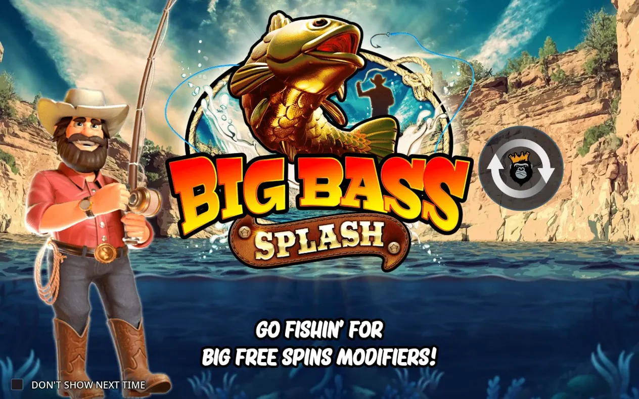 Big Bass Splash loading screen with cowboy angler, golden bass logo and canyon river backdrop