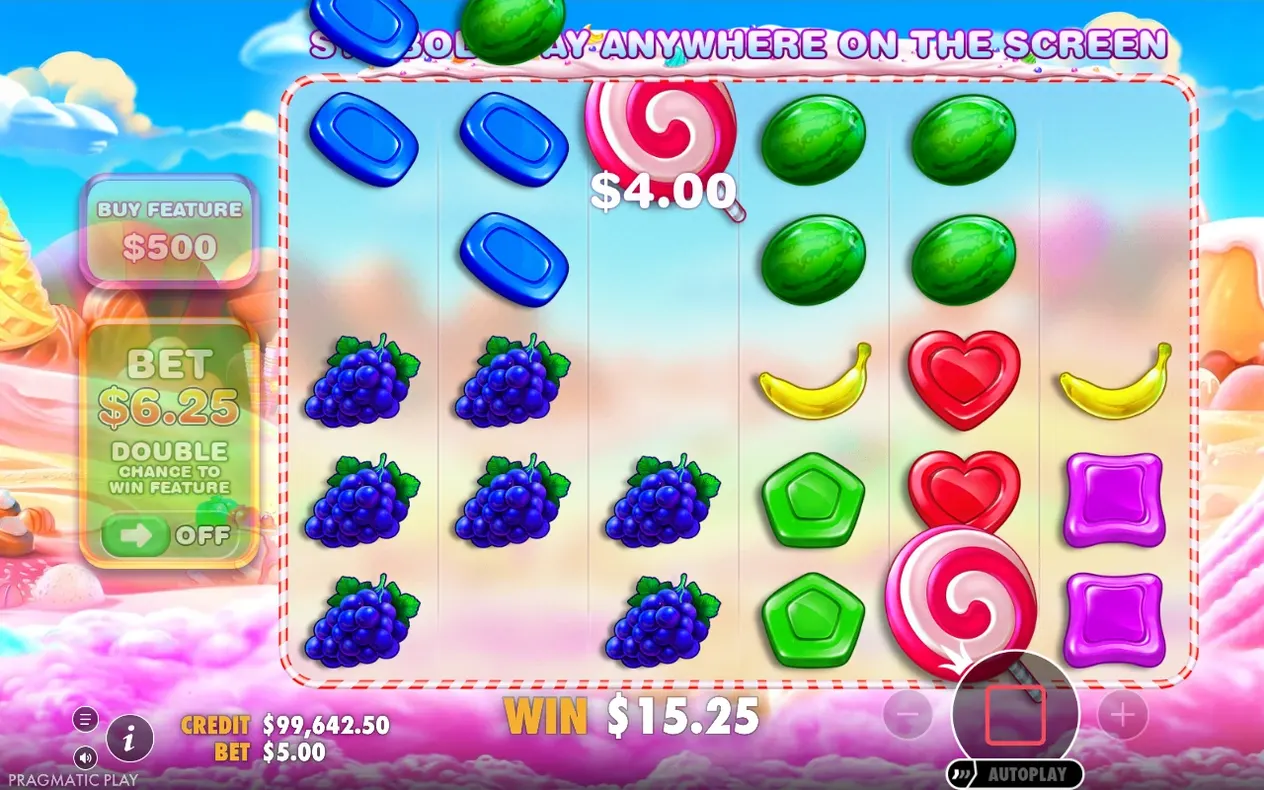 Cascading win shows a $4.00 lollipop payout, cumulative WIN $15.25 at bet $5.00