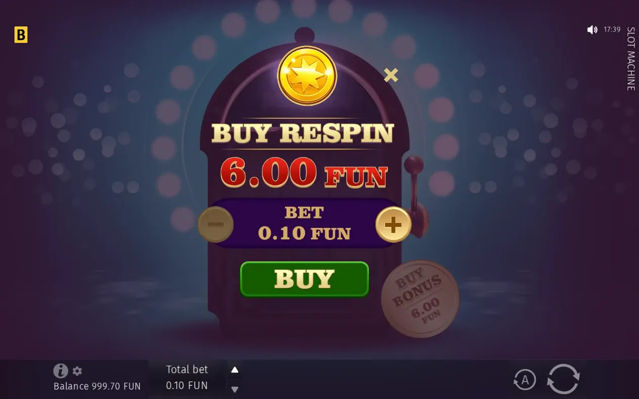 Buy Respin popup shows a 6.00 FUN price, bet stepper at 0.10 FUN, and a green BUY button.