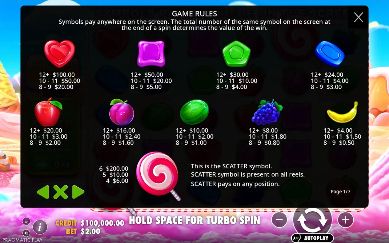 Paytable page 1/7 lists payout values for heart, jelly, fruit and scatter lollipop symbols