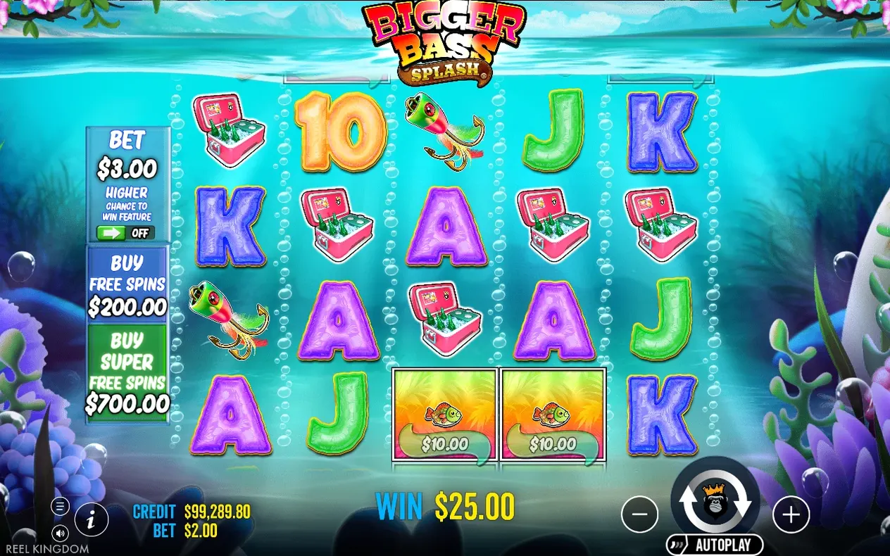 Reels show letters, cooler and lure symbols with a $25.00 win and buy free spins panel on the left
